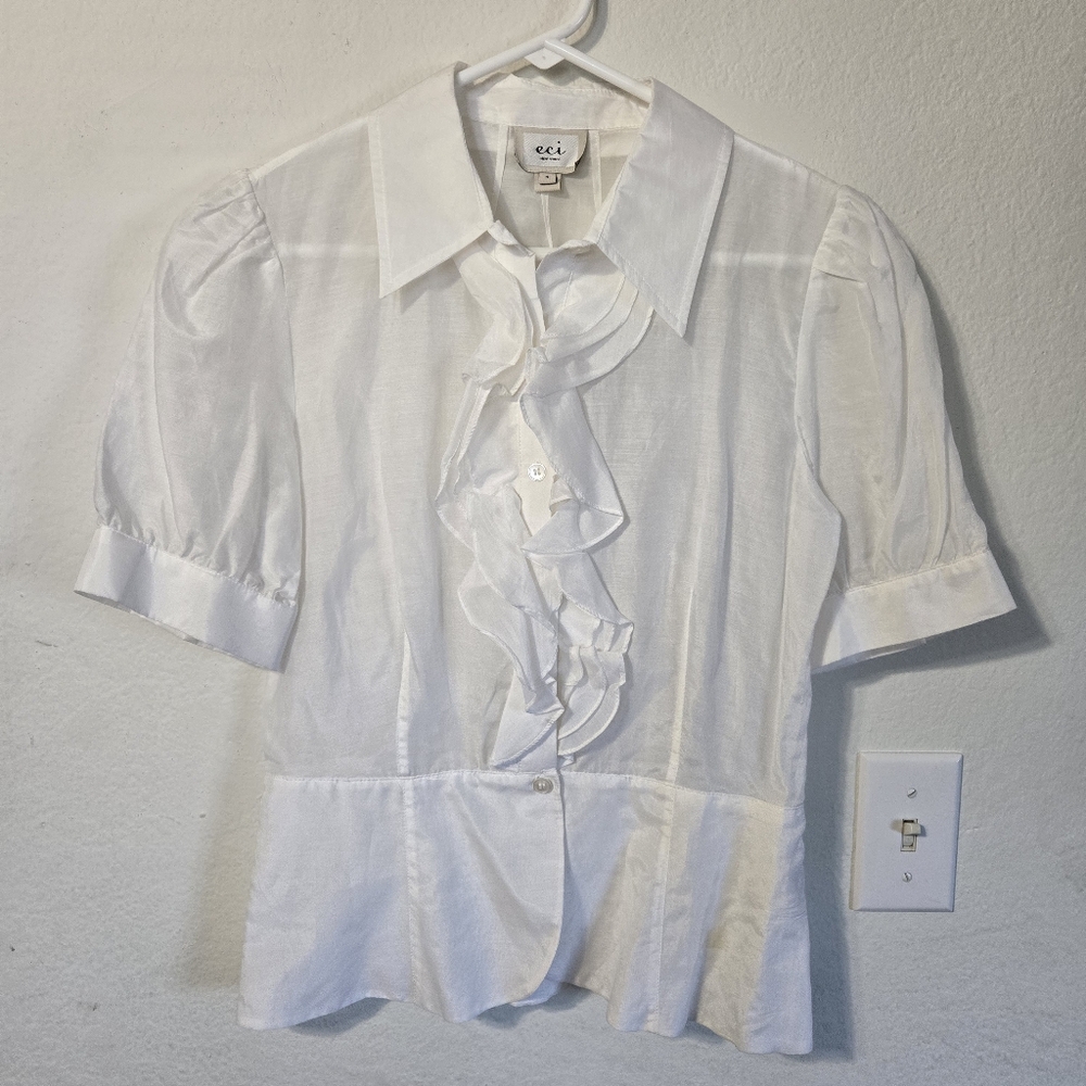 ECI Sheer White Ruffle Button Up Blouse Size 4